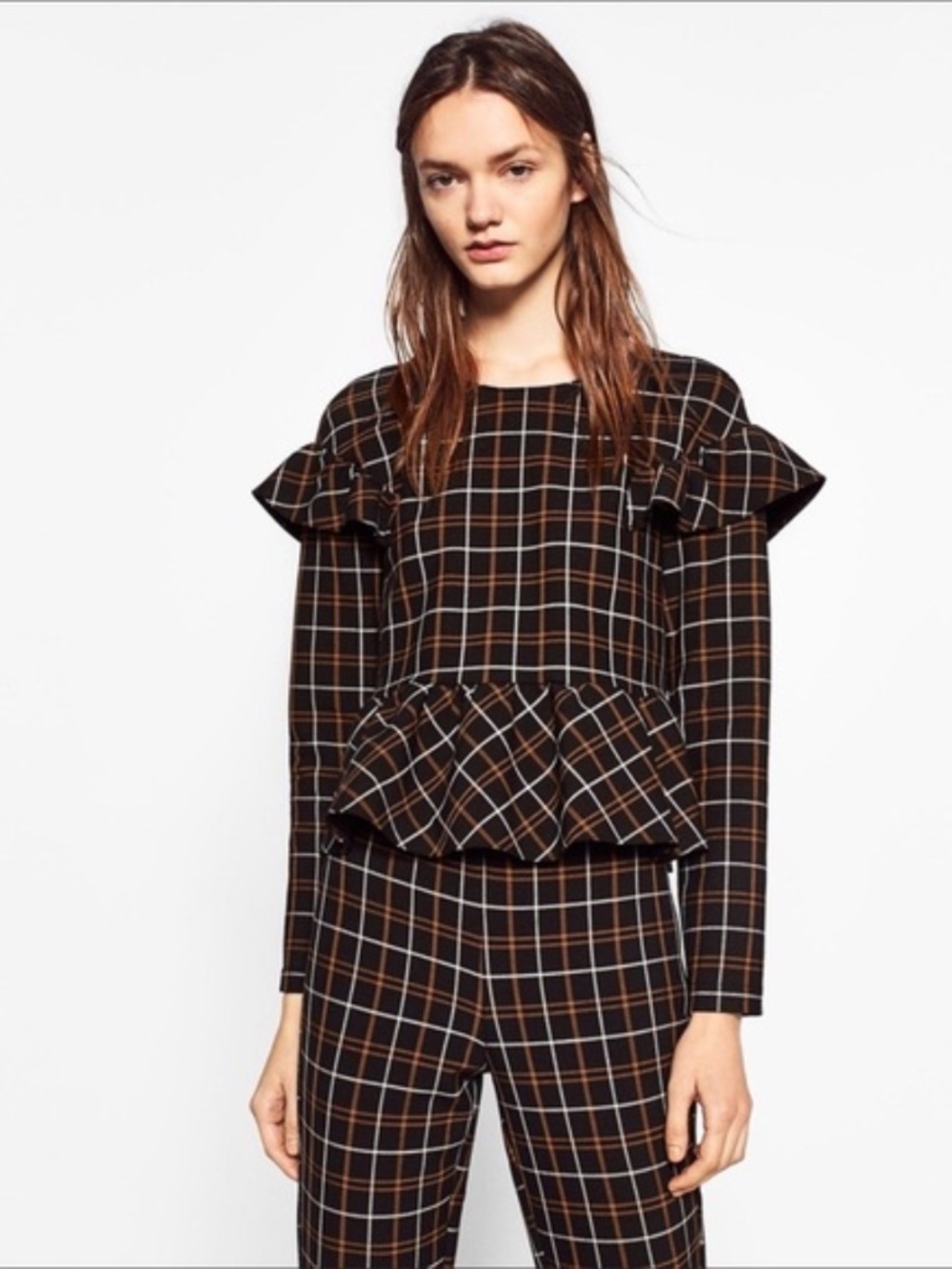ZARA Black Windowpane peplum Tartan Blouse
